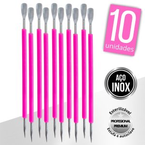 Kit 10 Espátula Mista Empurrador Curvo Palito Silicone Cutícula Manicure Cutelaria Aço Inox Monolo